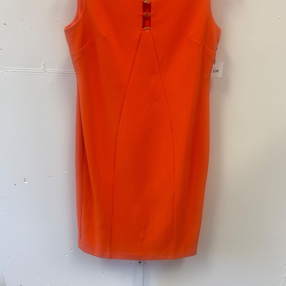 NWT Calvin Klein Orange Sleeveless Sheath Dress Gold Cutout Neck CD7C193Y Sz 12 - Picture 4 of 8